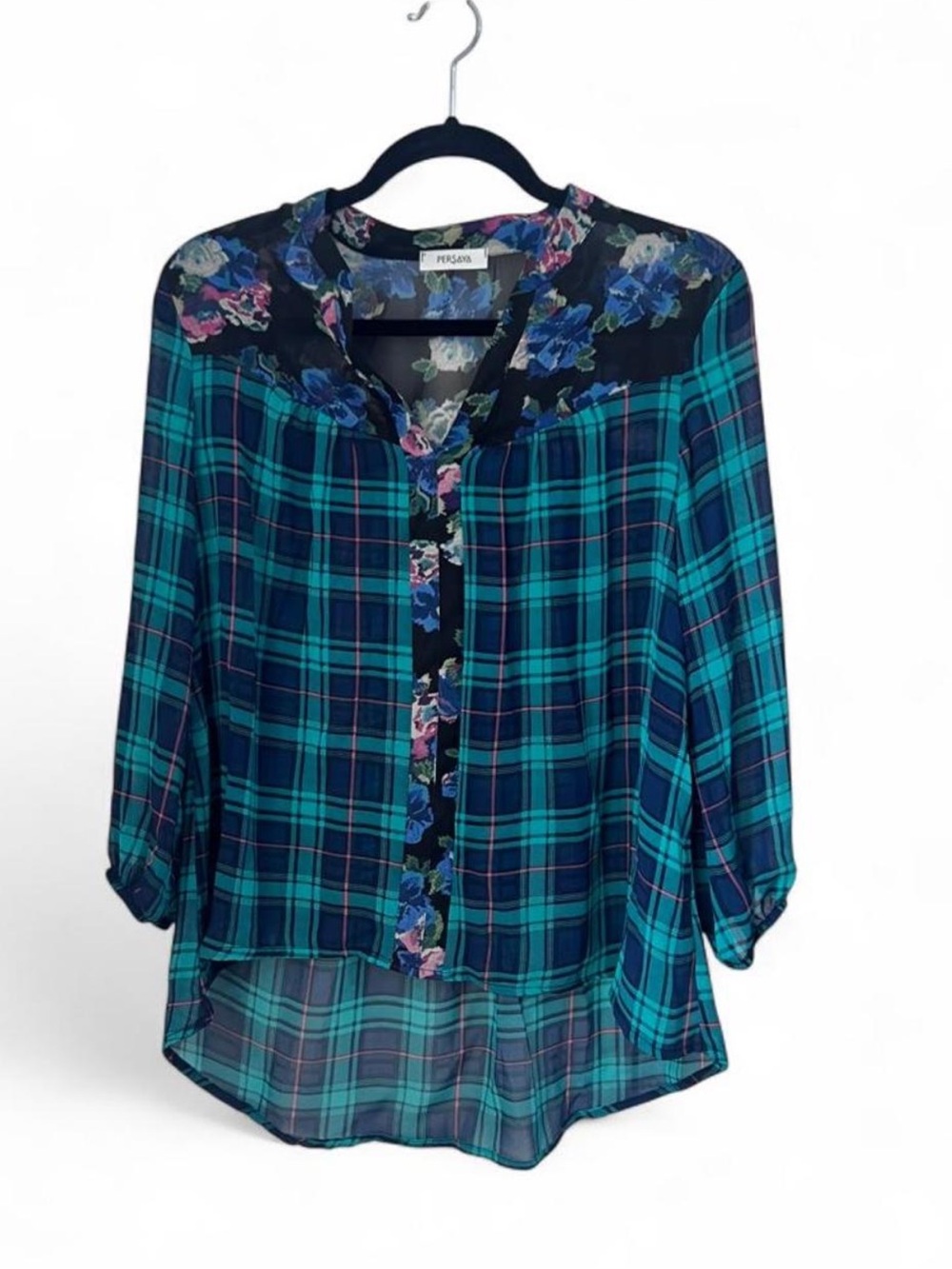 Persaya Teal and Navy Plaid Blouse with Floral Yoke Detail
